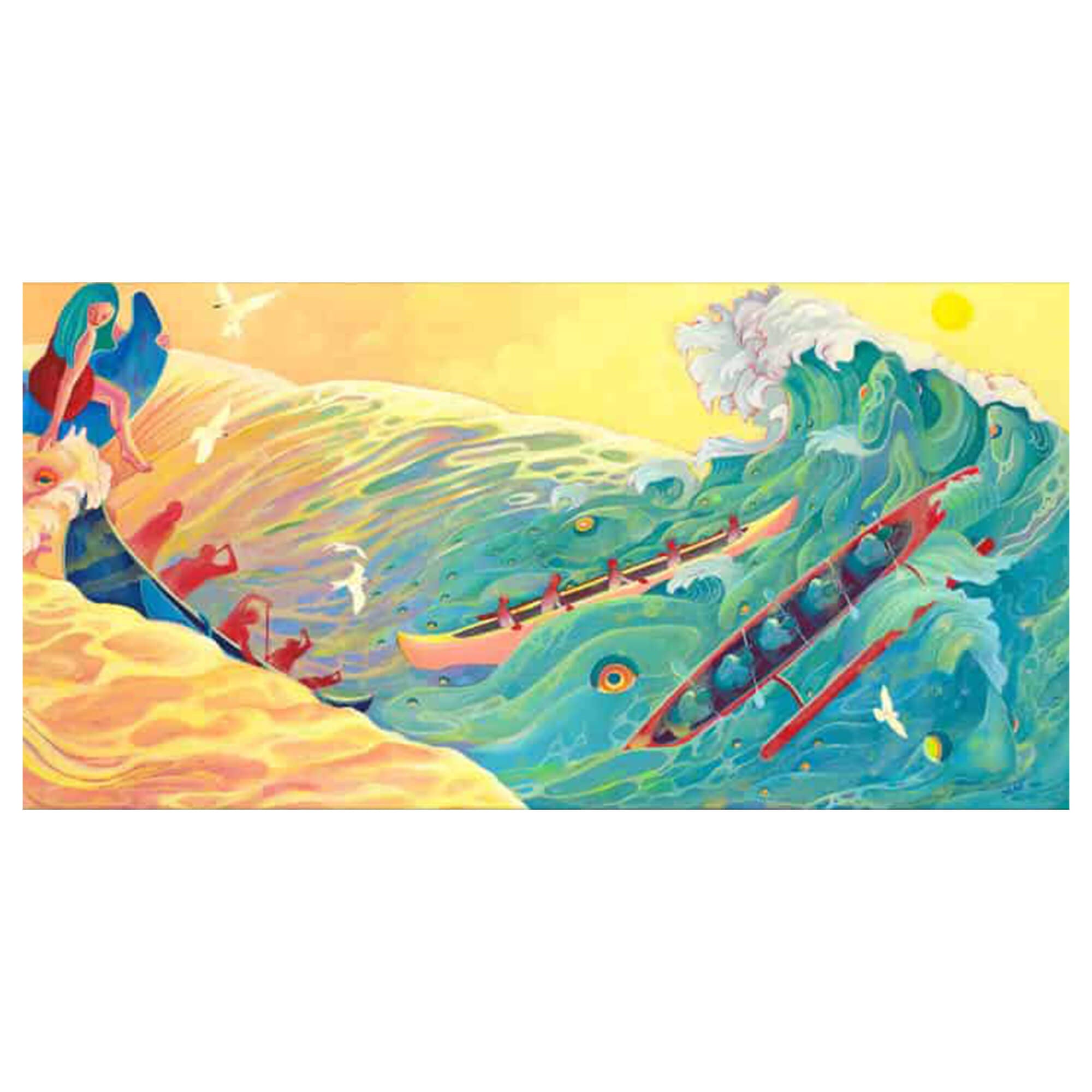 A matted art print of people on outrigger canoes battling Hawaiian big waves by Hawaii artist Mae Waite