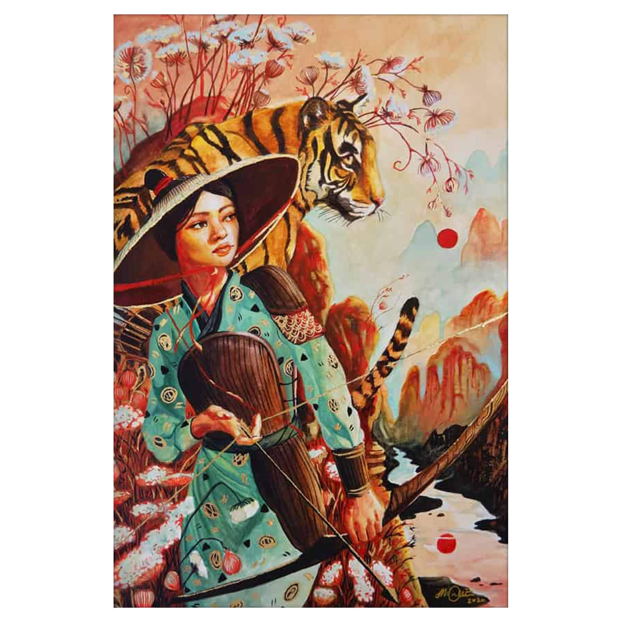 A matted art print of a woman warrior with her tiger by Hawaii artist Mae Waite