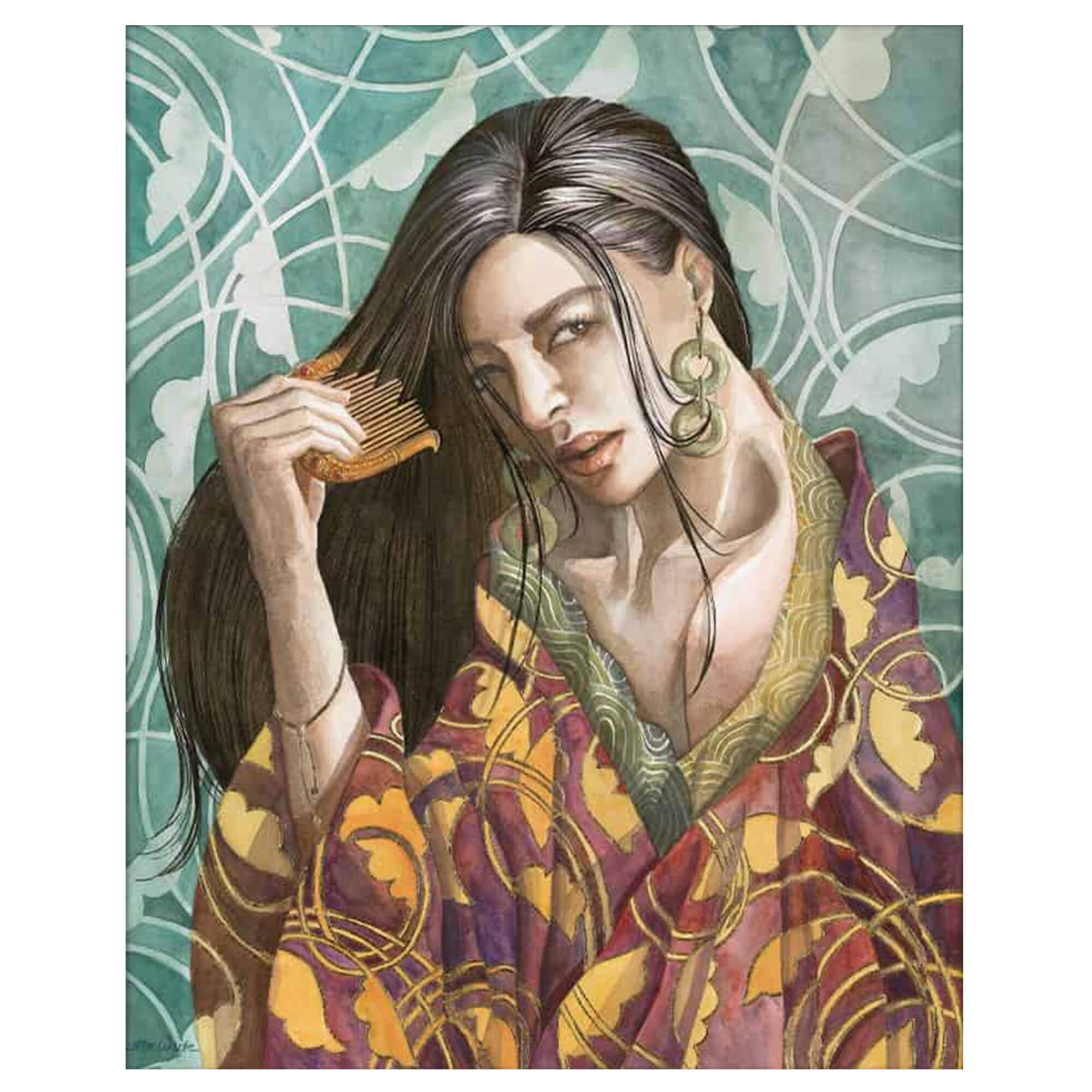 A matted art print of a woman combing her long, dark hair by Hawaii artist Mae Waite