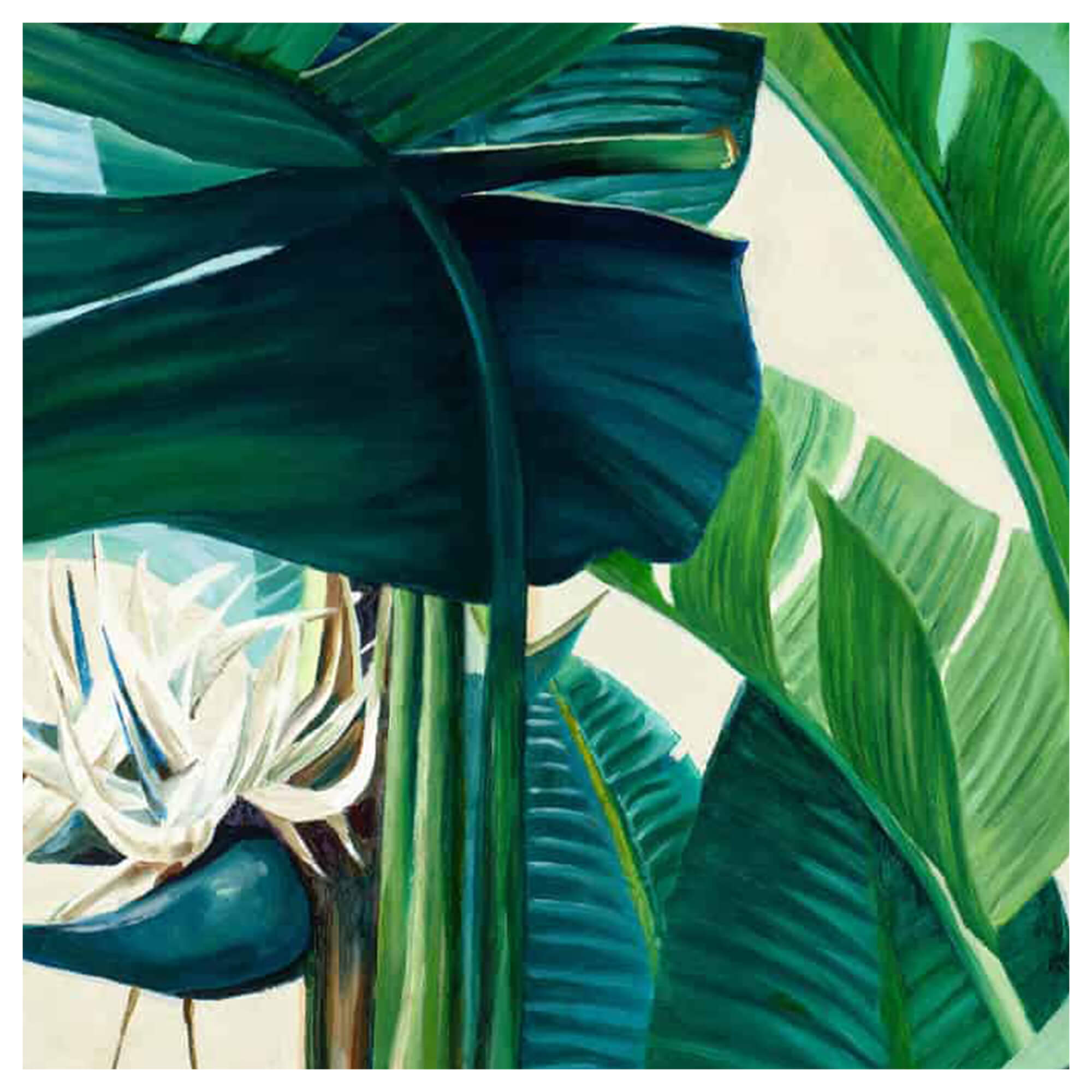 Close up details of artwork White Birds of Paradise by Hawaii artist Mae Waite