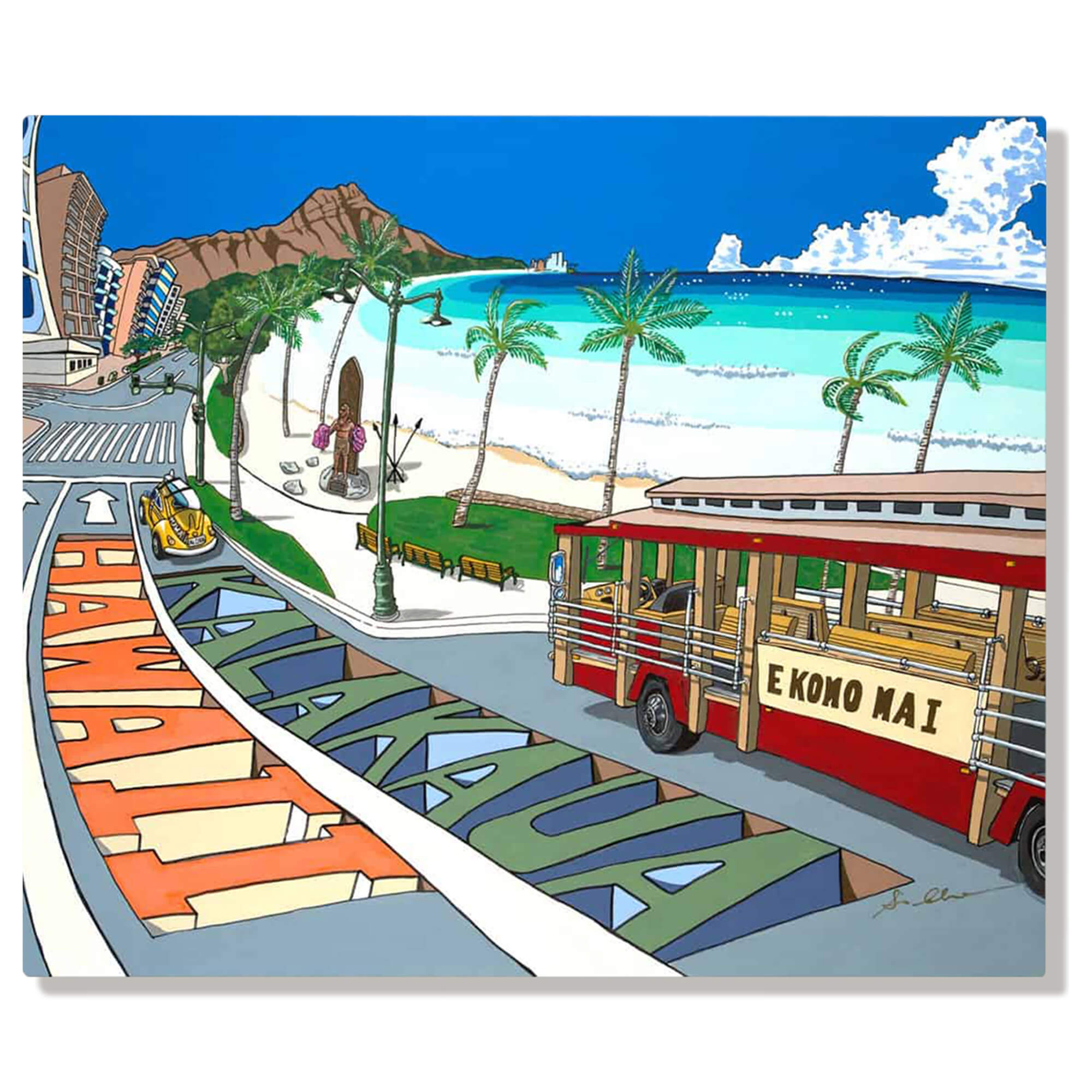 A metal art print of the popular street lining Waikiki Beach called Kalakaua Avenue with the famed Diamond Head crater in the backdrop by Hawaii artist Shin Kato