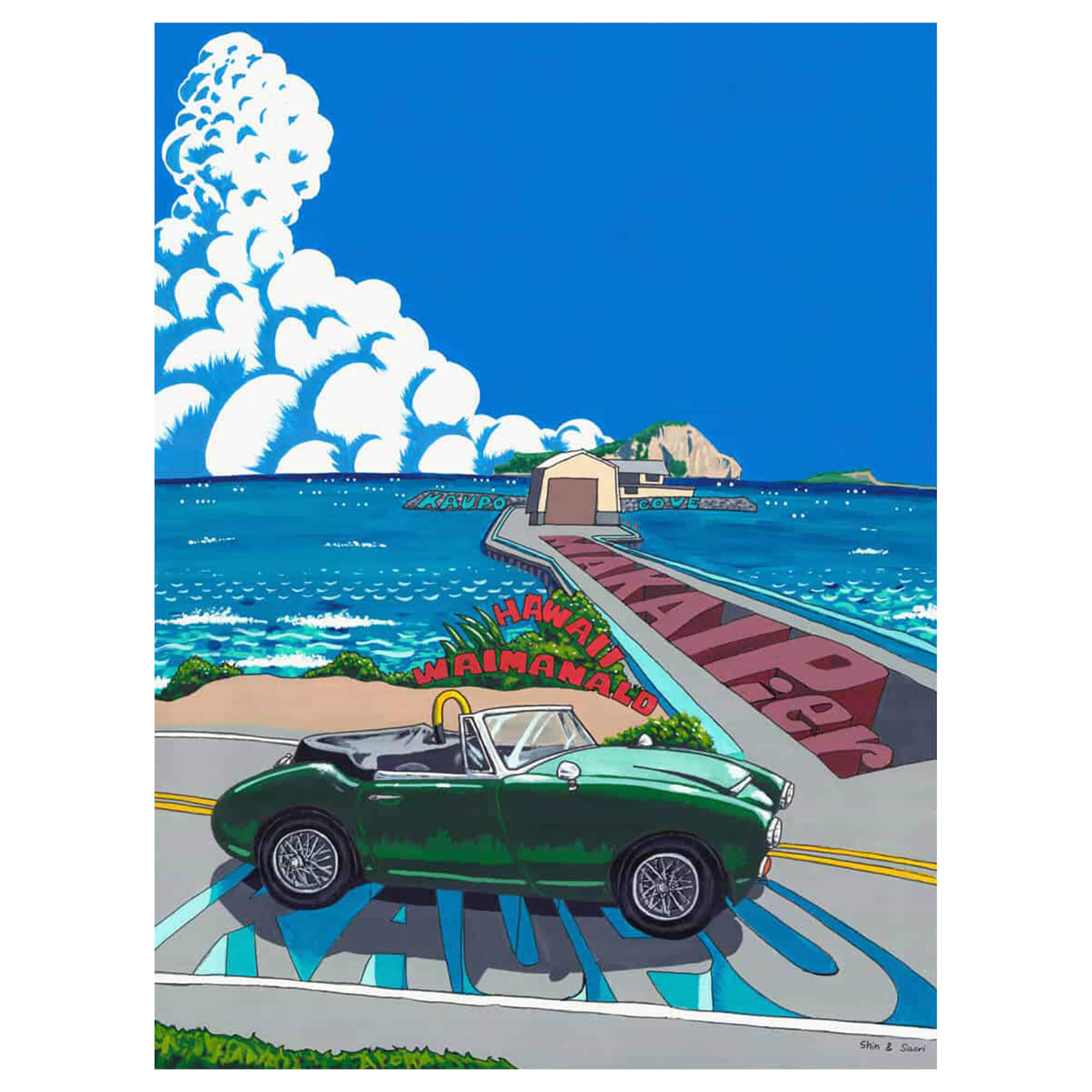A matted art print of a car cruising past Makai Research Pier in Waimanalo by Hawaii artist Shin Kato