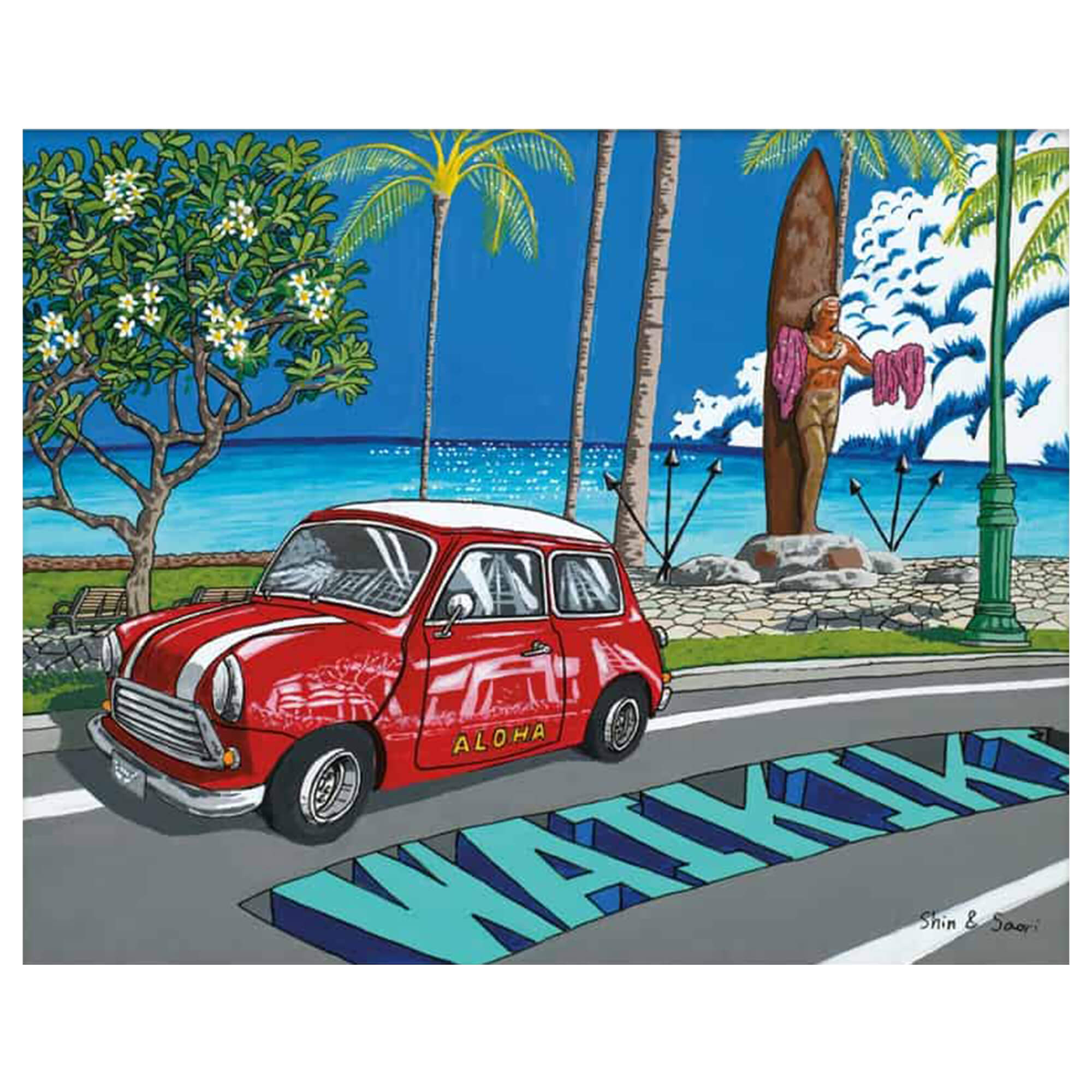 A matted art print featuring a classic view of Kuhio Beach and Duke Kahanamoku Statue in Waikiki as you drive along Kalakaua Avenue by Hawaii artist Shin Kato