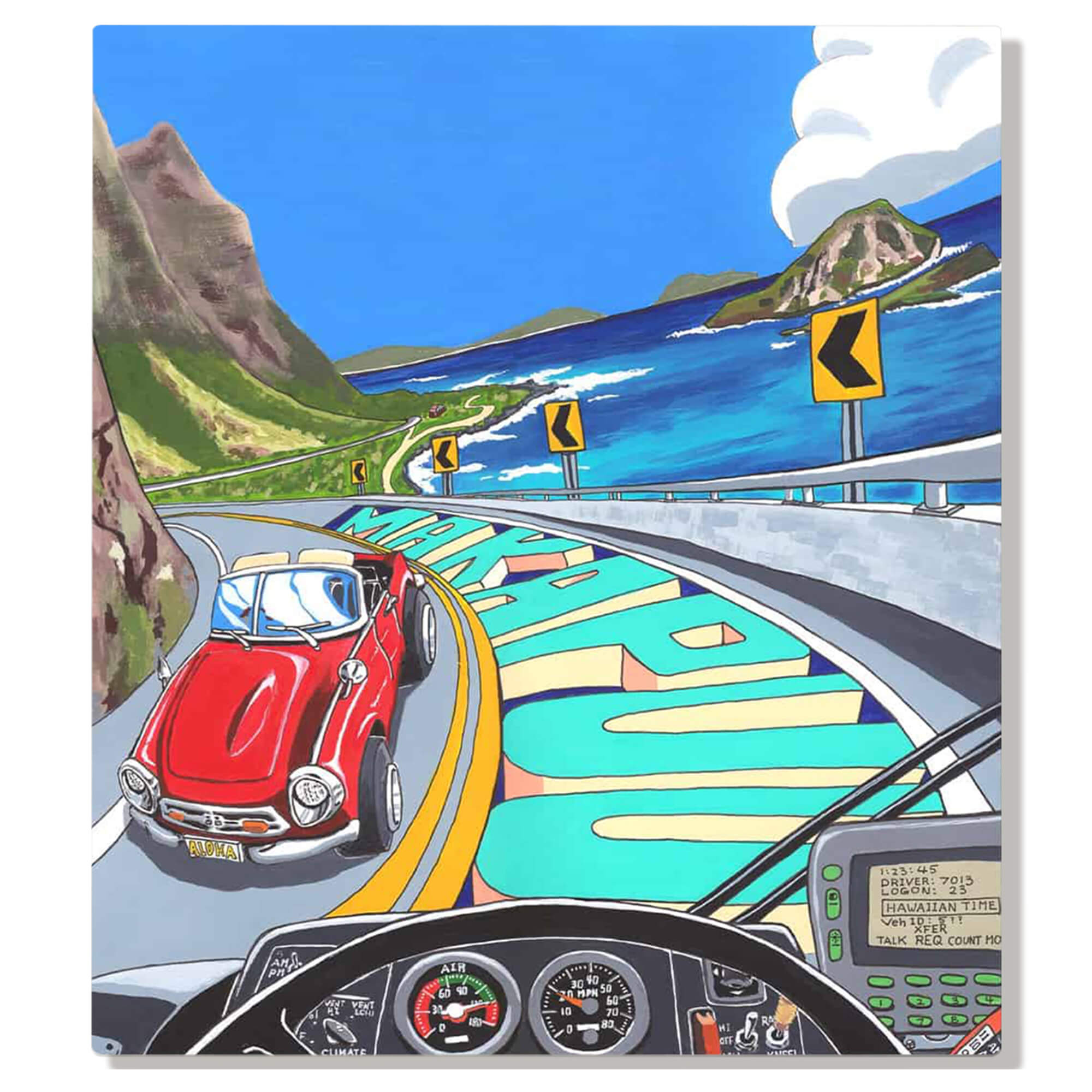 A metal art print of a driver cruising the windy highway along the east side of Oahu with the vastness of the ocean to the right by Hawaii artist Shin Kato
