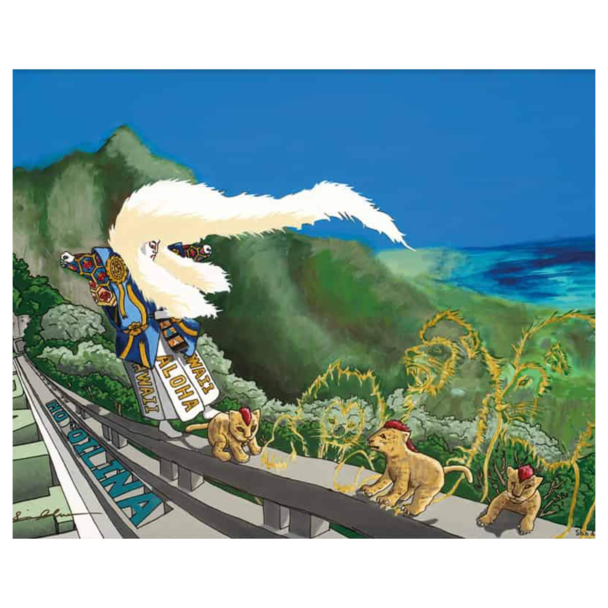 Matted art print of an imagined scene taking place between characters on the Pali by Hawaii artist Shin Kato