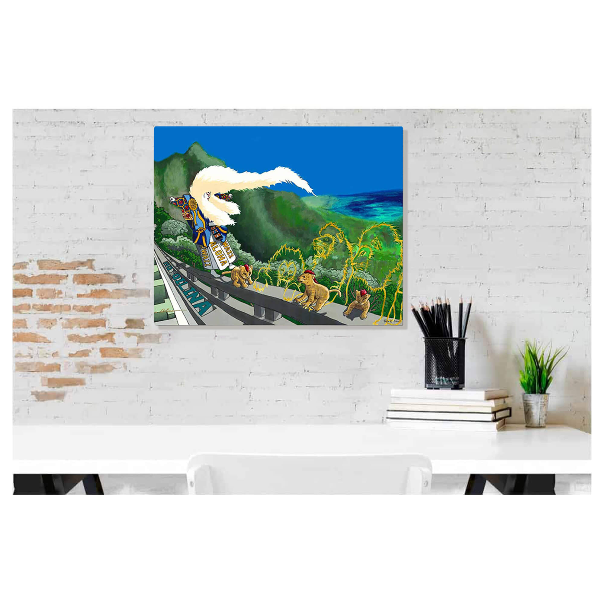 Metal art print of a traditional Japanese dance with vast Hawaii mountains in the backdrop by Hawaii artist Shin Kato