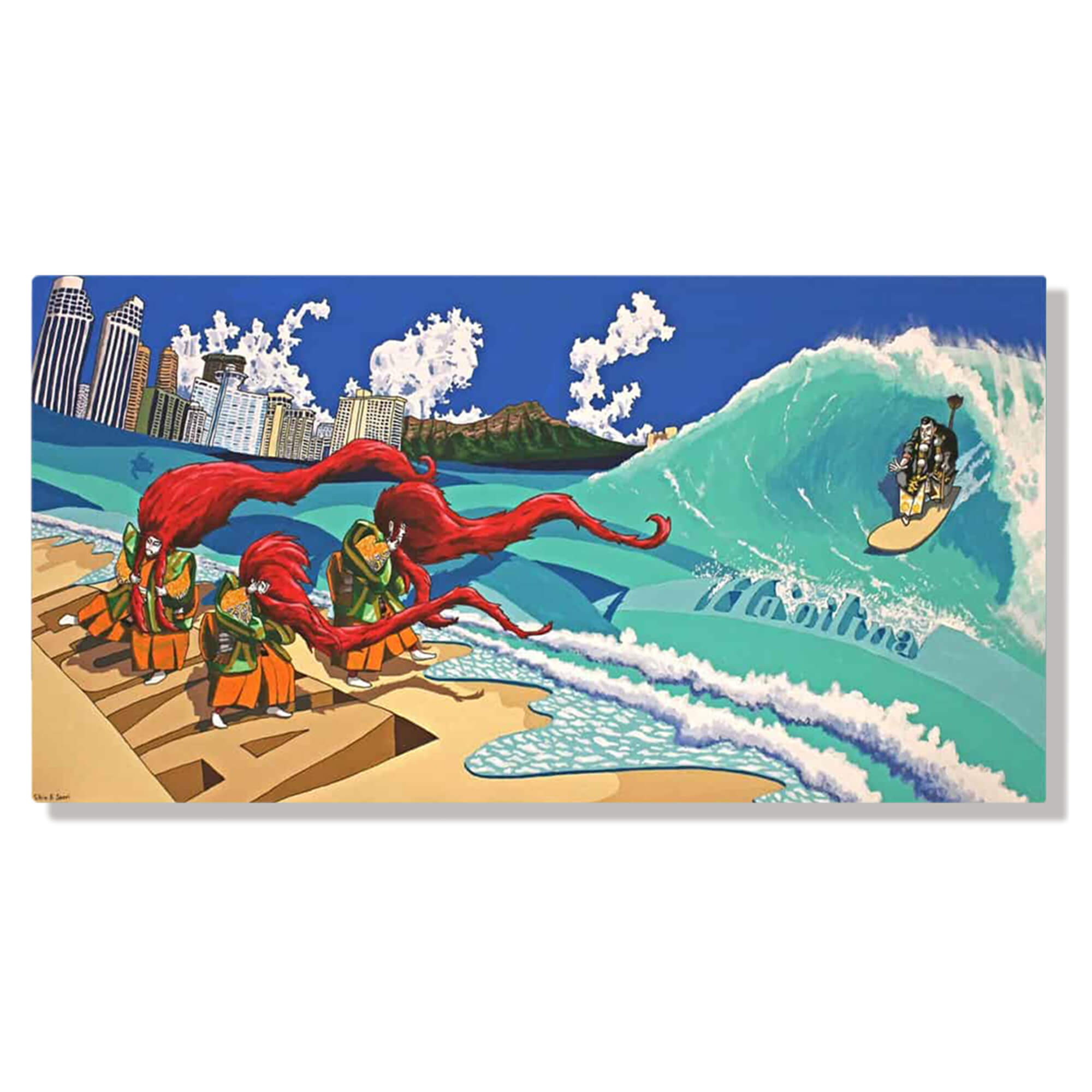 A metal art print of an imagined scene taking place between the characters on the beach in Waikiki by Hawaii artist Shin Kato