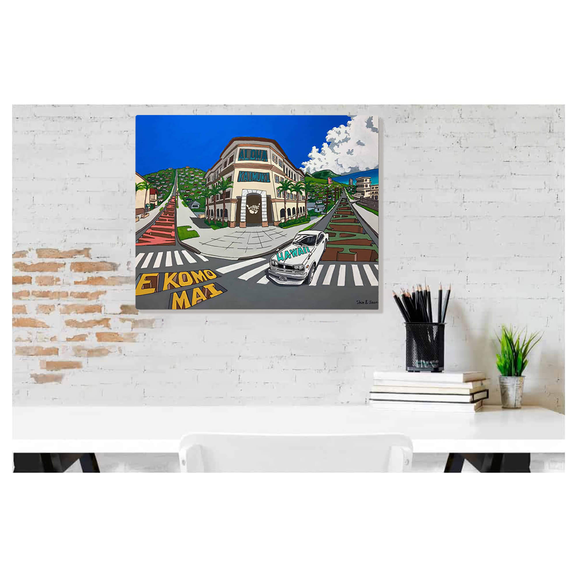 Metal art print of the intersection in the off-the-beaten-path local neighborhood on Oahu by Hawaii artist Shin Kato