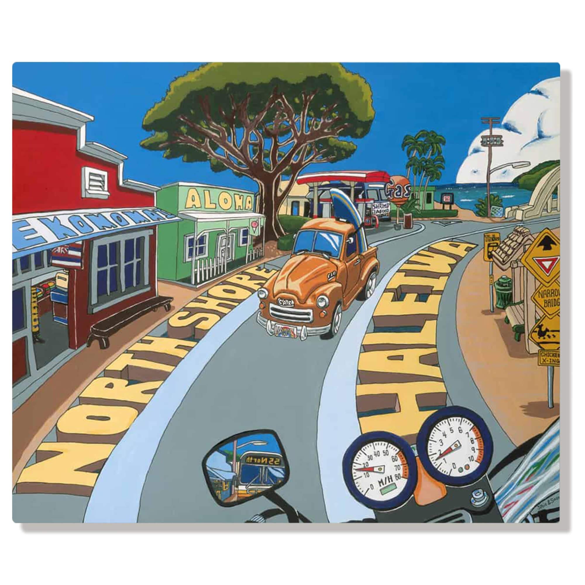 A metal art print of the quaint shops lining the two-way road in the famed town of Haleiwa on the North Shore of Oahu by Hawaii artist Shin Kato