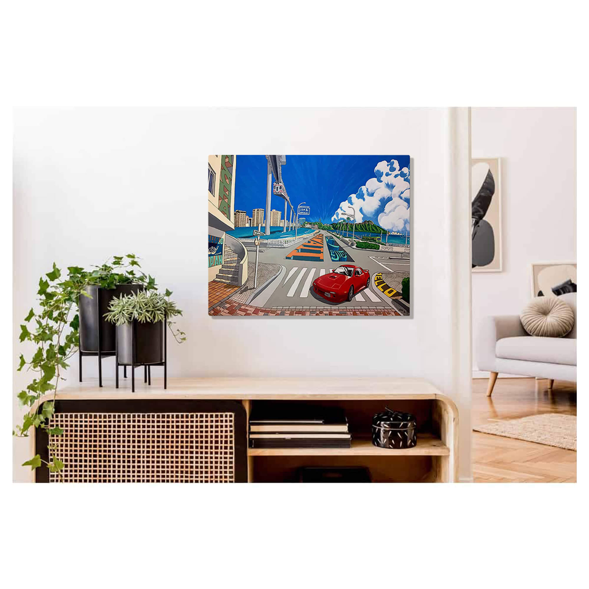 A metal art print of Hawaii close to Japan that you can see the street in front of you connecting Waikiki to Enjoshima by Hawaii artist Shin Kato
