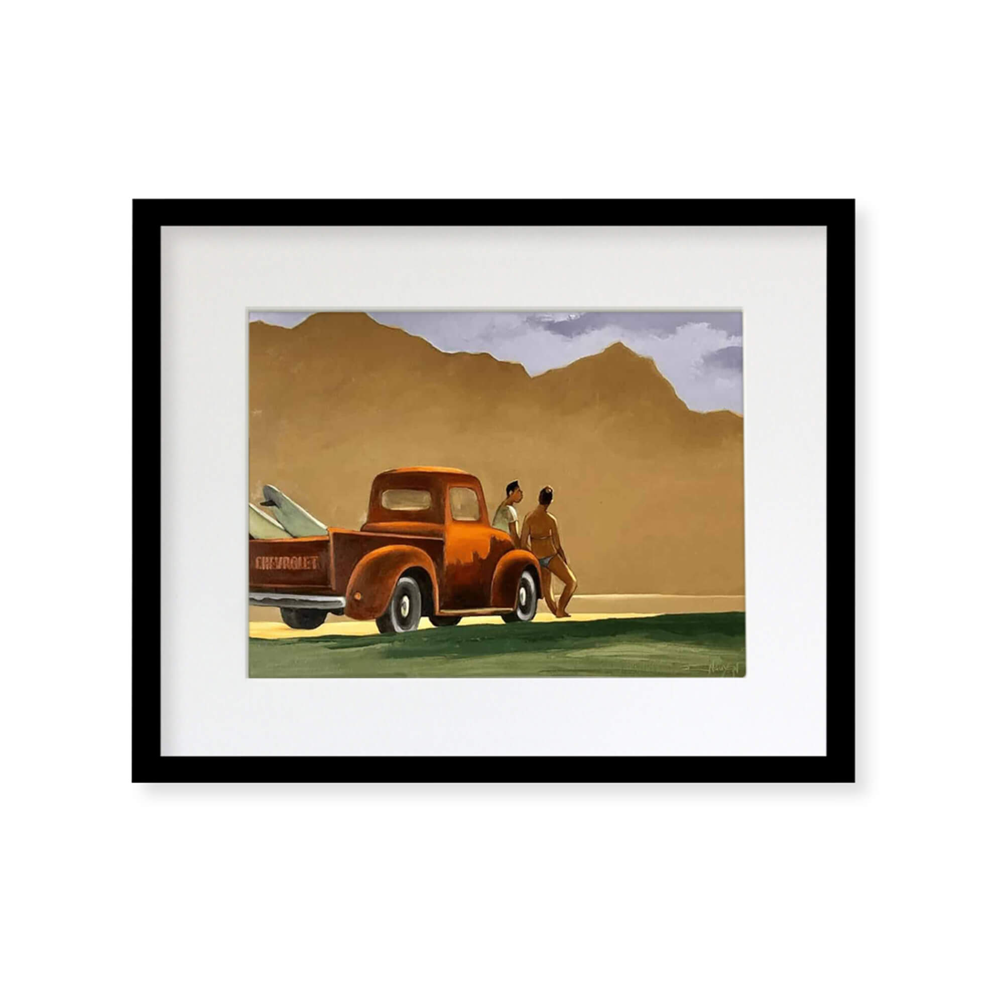 Framed matted art print of a local couple relaxing by their Chevrolet pickup after a surf session by Hawaii artist Tim Nguyen