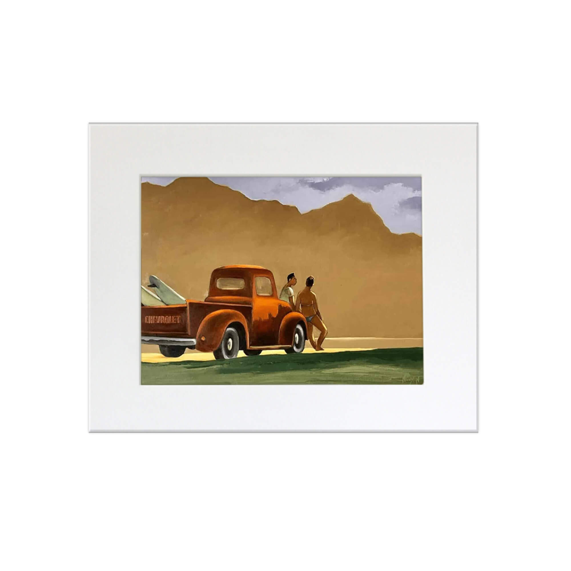 A matted art print of a local couple relaxing by their Chevrolet pickup after a surf session by Hawaii artist Tim Nguyen