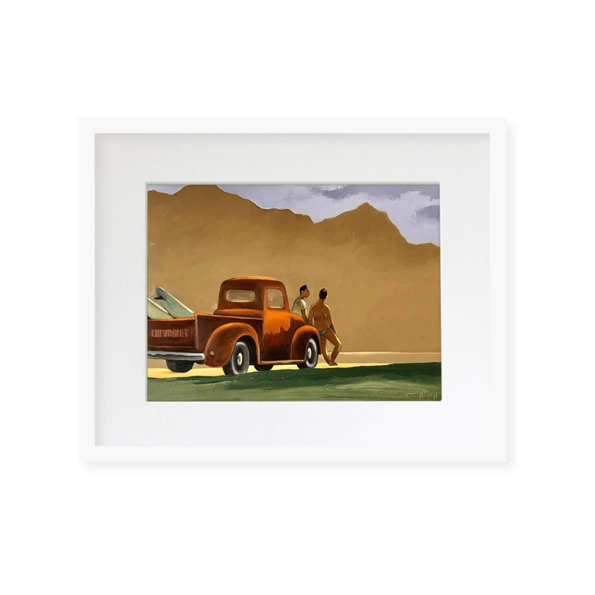 Framed matted art print of a local couple relaxing by their Chevrolet pickup after a surf session by Hawaii artist Tim Nguyen