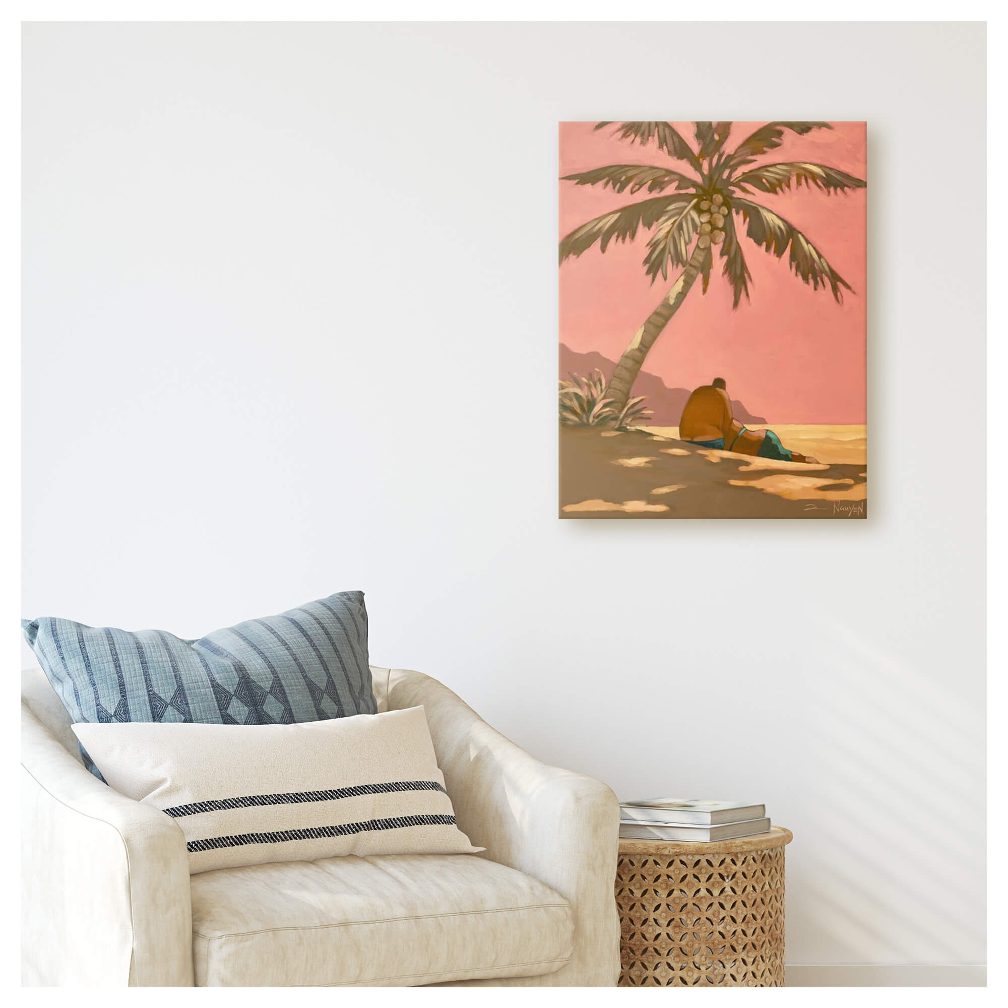 A canvas art print of a peaceful moment showing Hawaiian man and woman on the beach under a coconut tree by Hawaii artist Tim Nguyen