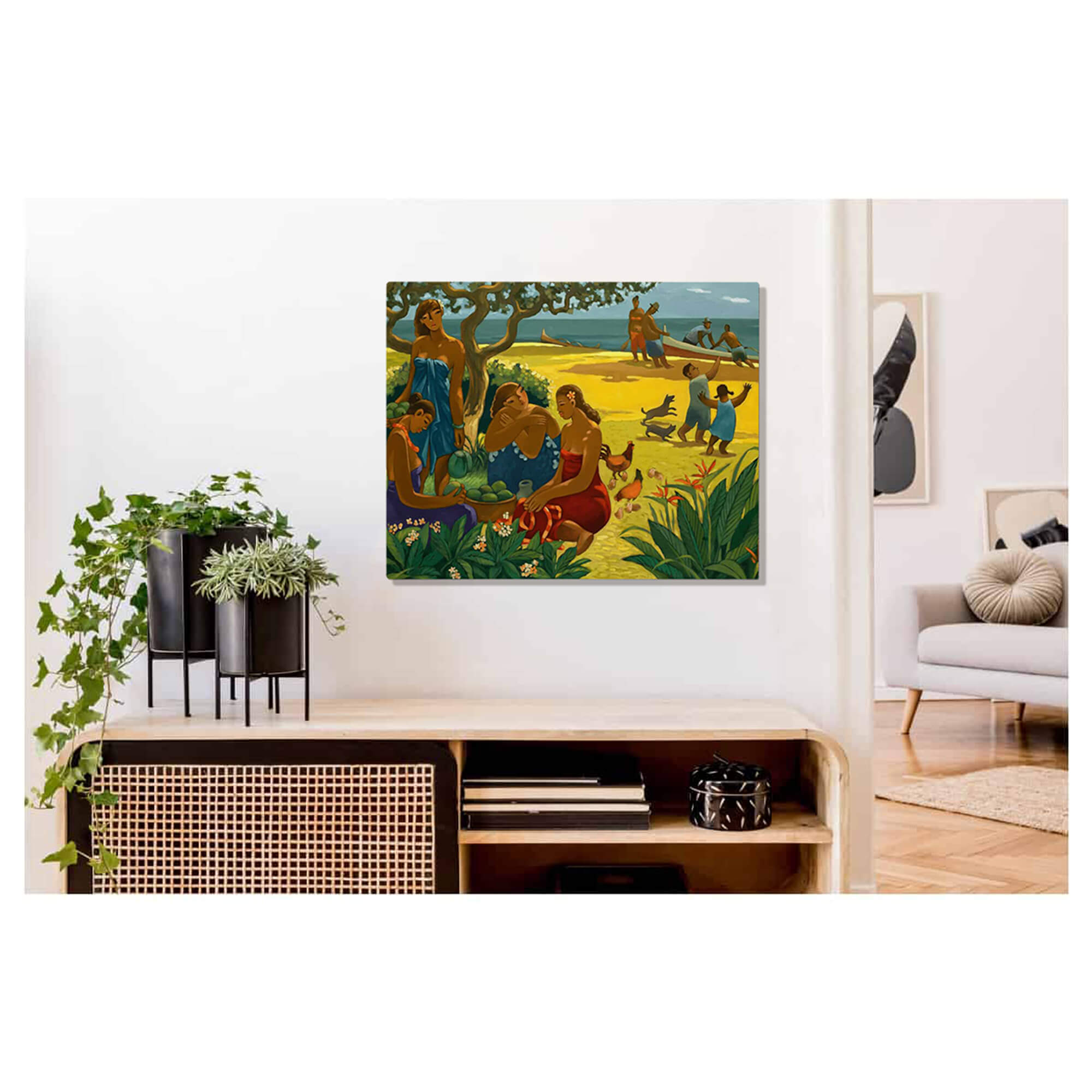 A metal art print of Hawaiian beach activities with women gathering fruit, kids playing with dogs and chickens and men pulling in an outrigger canoe by Hawaii artist Tim Nguyen