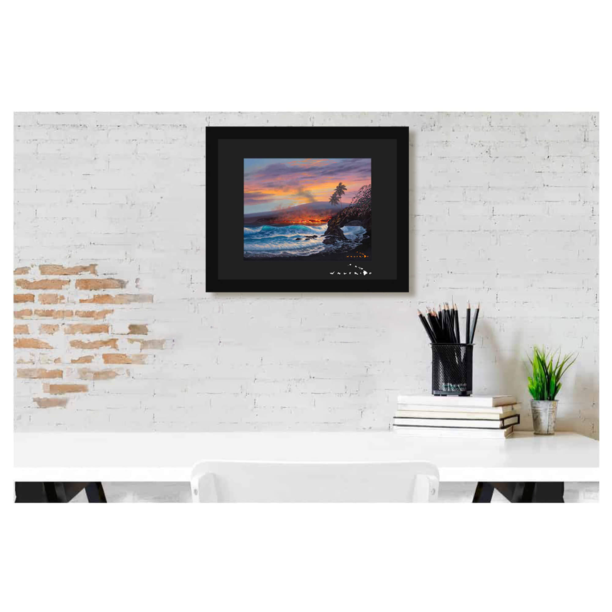 Matted art print of lava flowing into the ocean at sunset while sending up steam into the air by Hawaii artist Walfrido Garcia