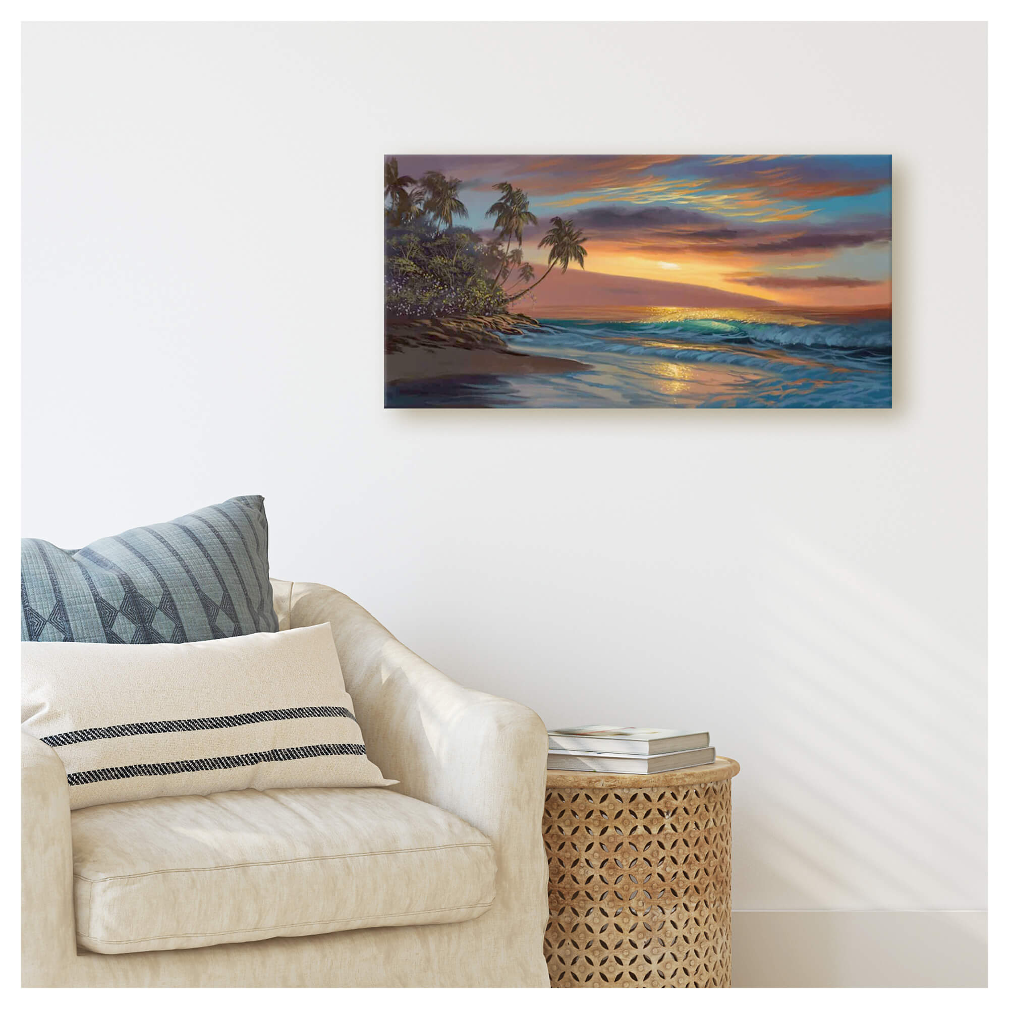Original artwork of of the ocean and waves during a vivid sunset in a tropical setting by Hawaii artist Walfrido Garcia