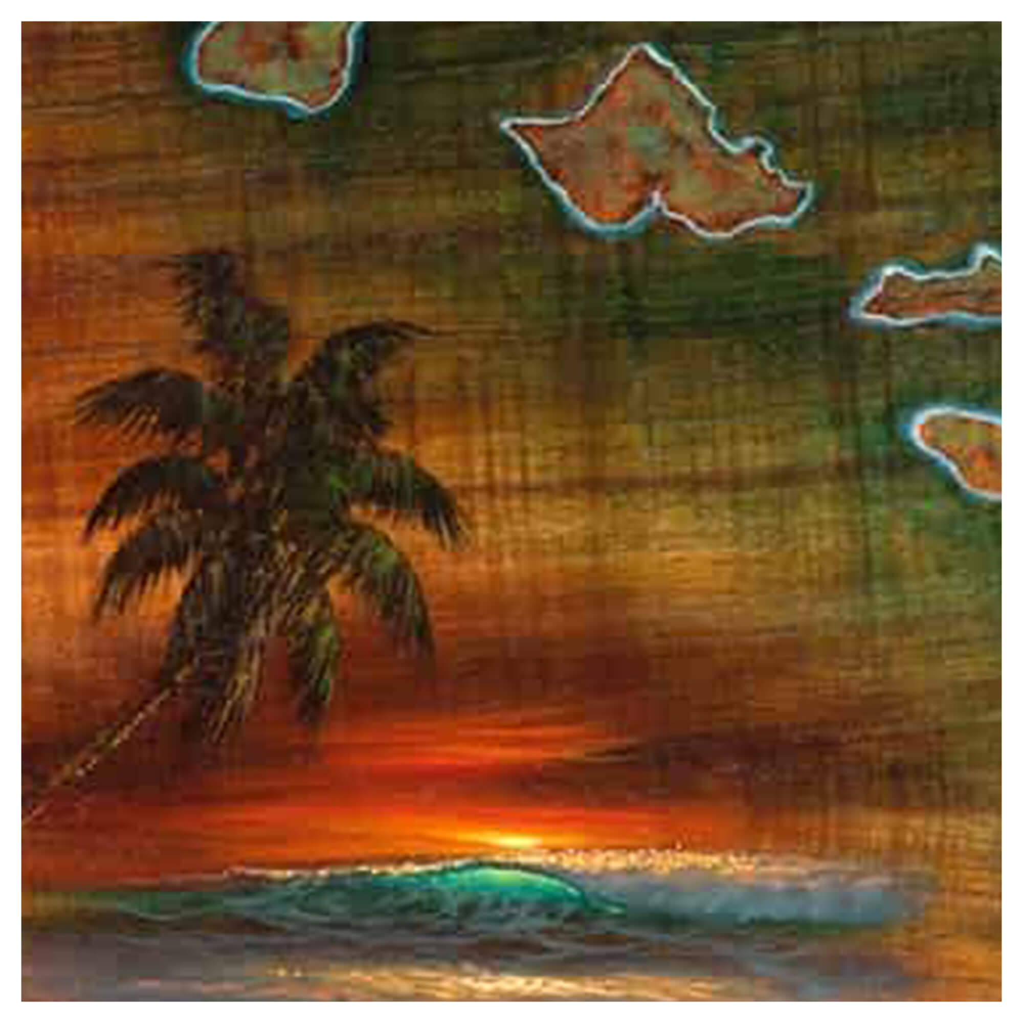 Close up details of artwork Hawaiian Islands Koa Map by Hawaii artist Walfrido Garcia