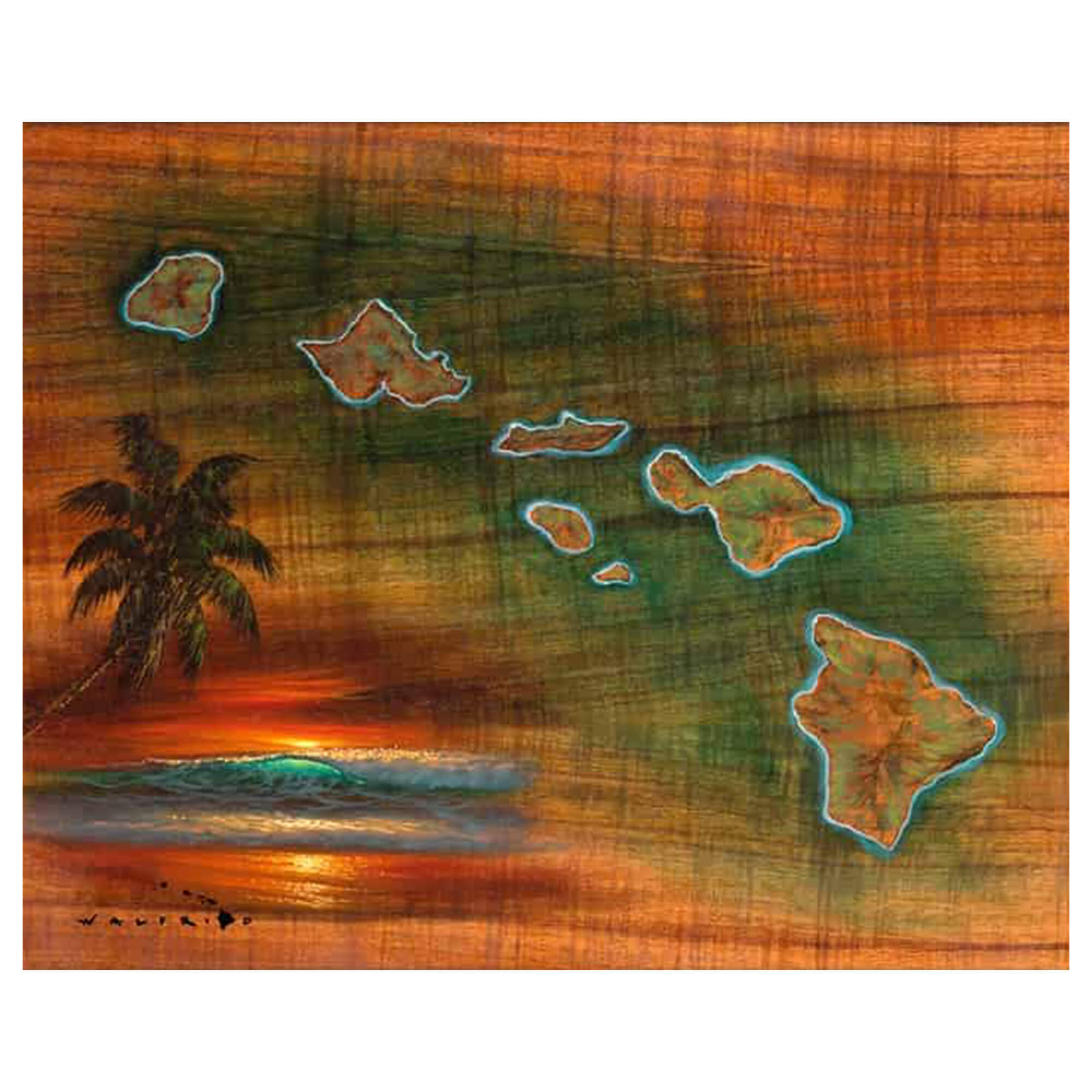 A matted art print of a map of the Hawaiian Islands on Koa wood grain by Hawaii artist Walfrido Garcia