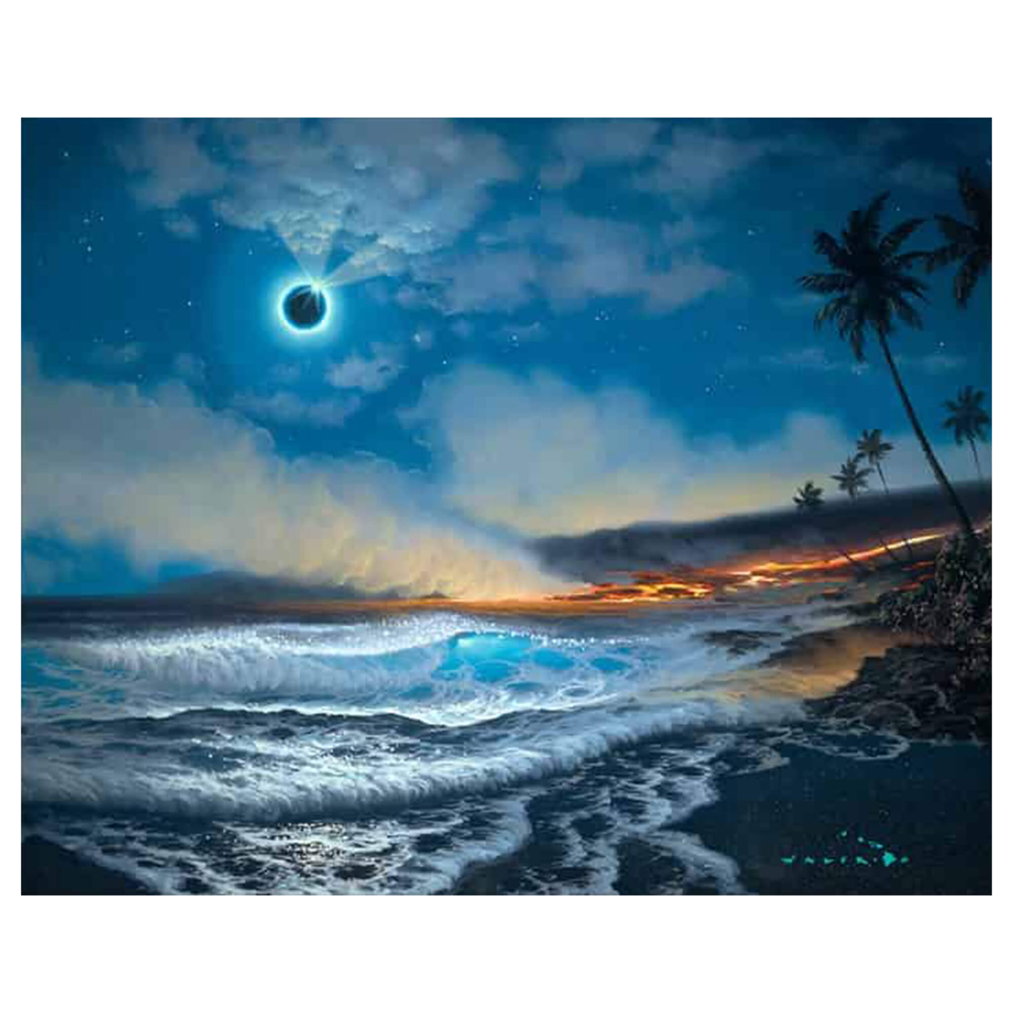 A matted art print of a lunar eclipse and lava from a volcano flowing into the sea causing steam to rise up into the night air by Hawaii artist Walfrido Garcia