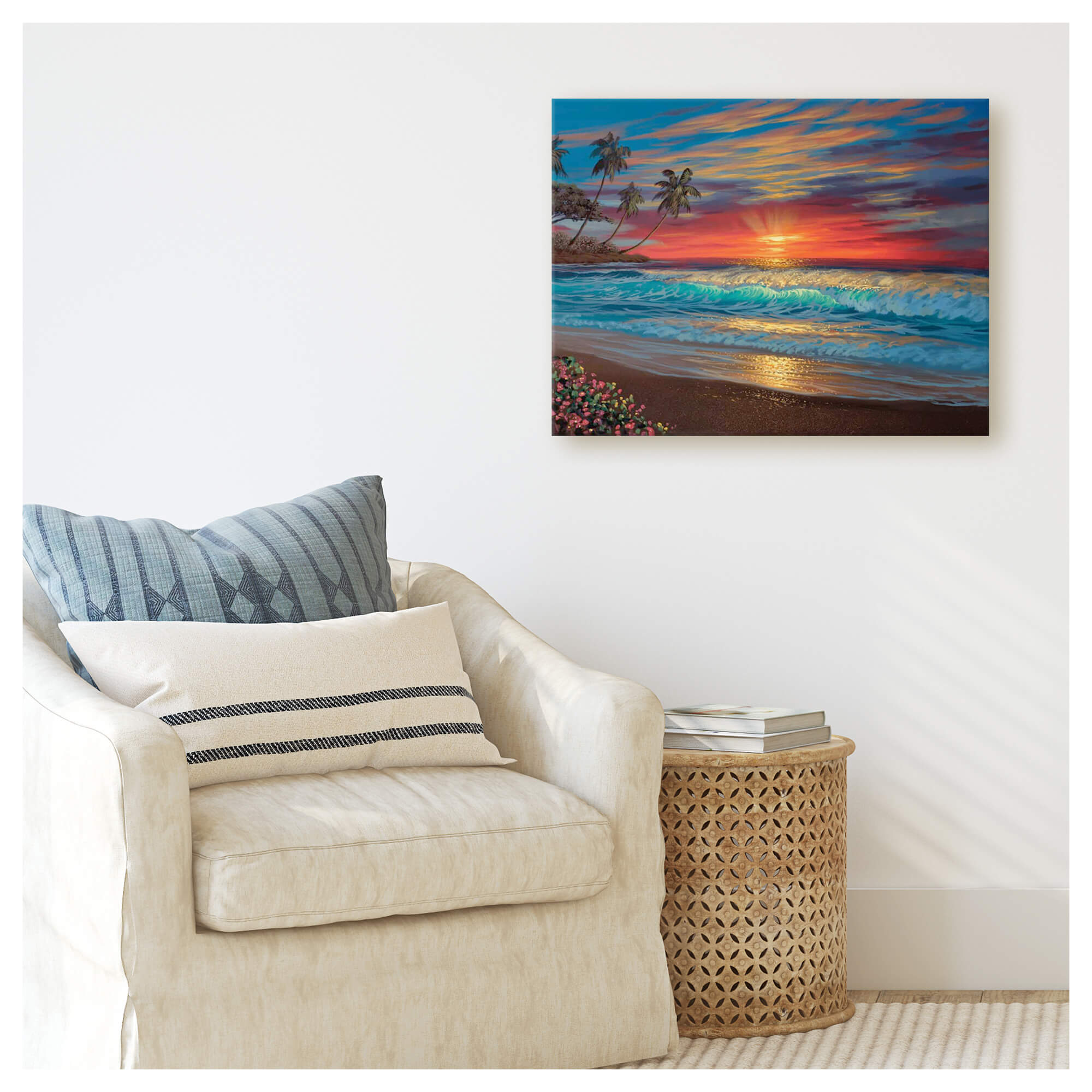 Original painting depicting a brilliant seascape sunrise with waves by Hawaii artist Walfrido Garcia