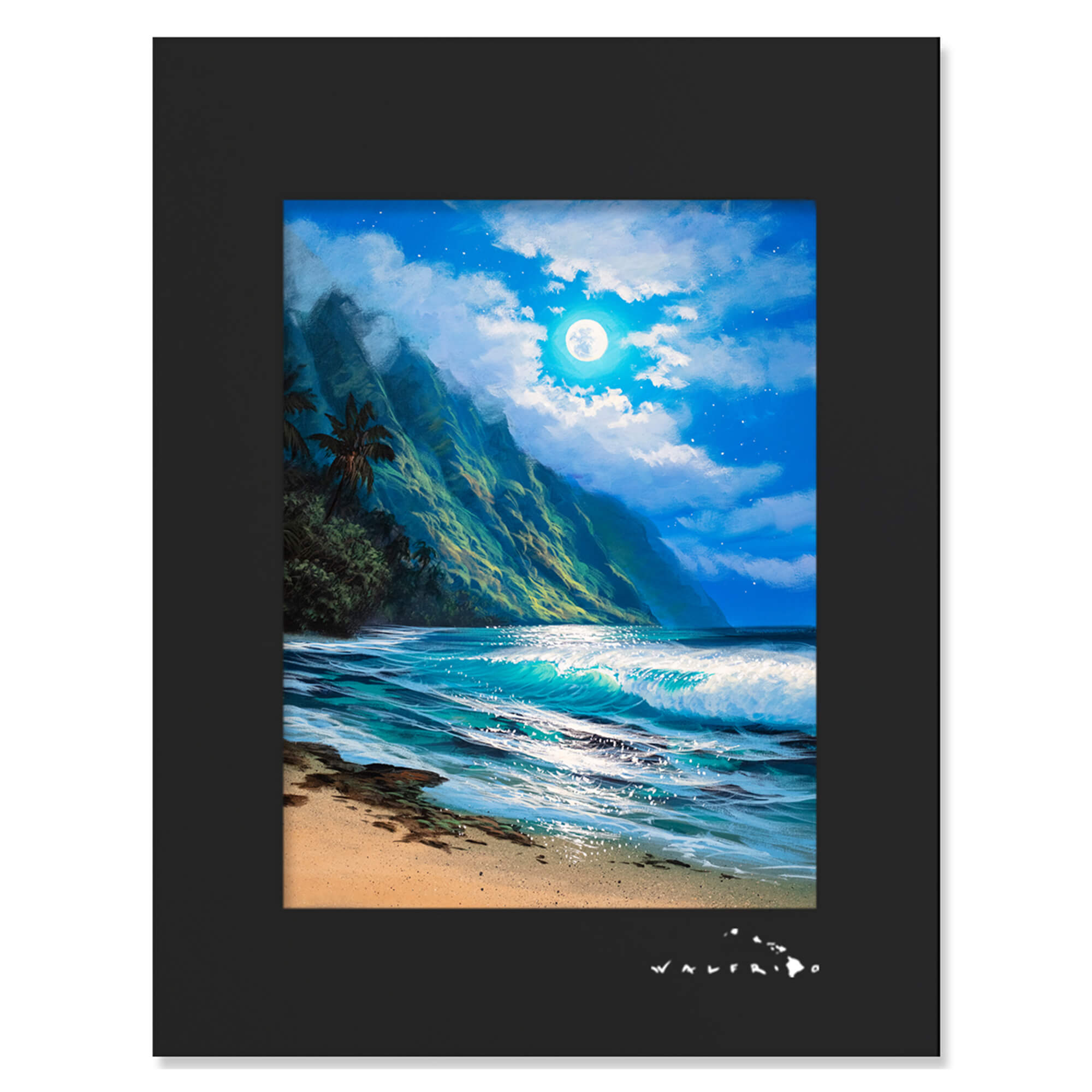 A matted art print depicting a moonlit seascape surrounded by dramatic mountains by Hawaii artist Walfrido Garcia