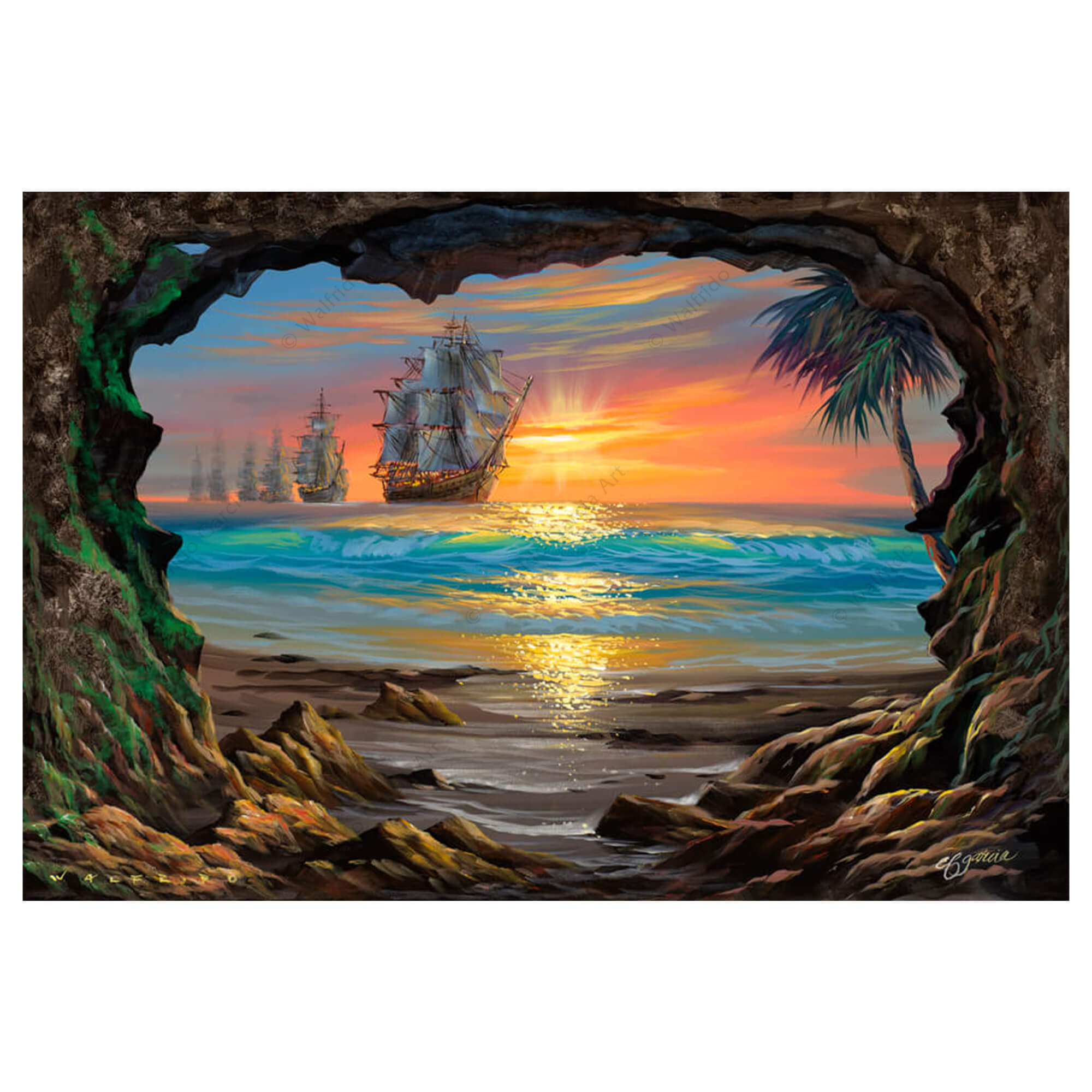 A matted art print featuring a cave framing vintage ships coming to the shores of Hawaii by Hawaii artist Walfrido Garcia