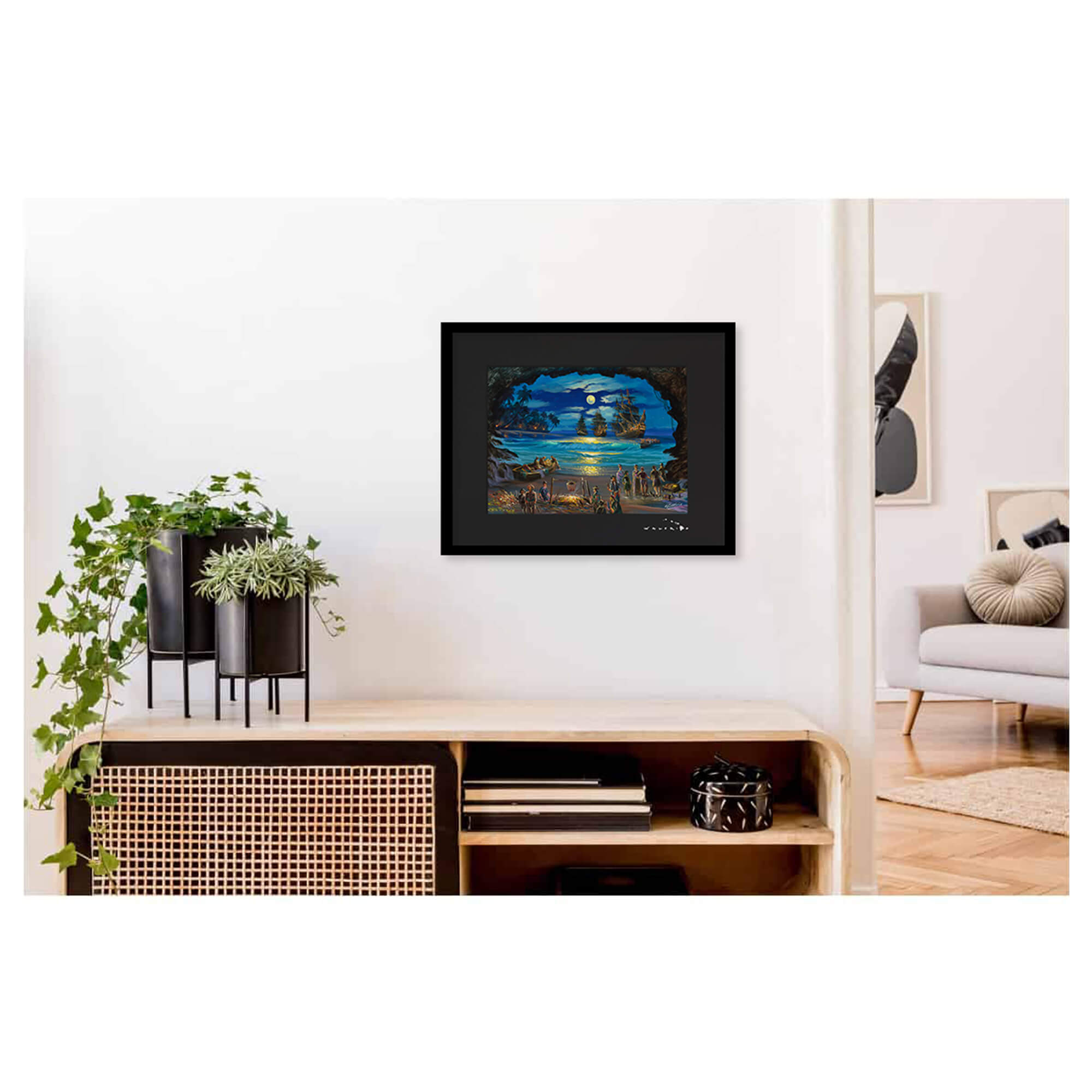 Framed matted art print featuring a cave framing merchants and vintage ships coming to the shores of Hawaii at night by Hawaii artist Walfrido Garcia