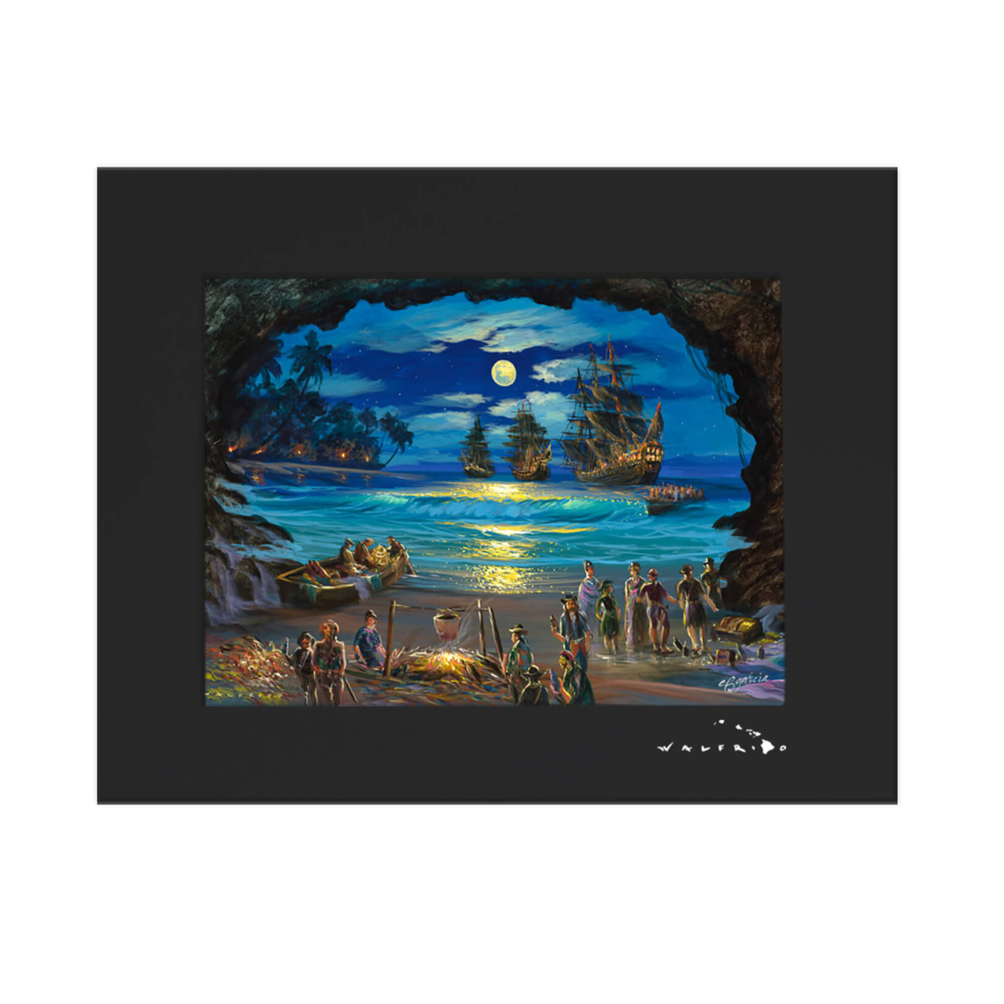 A matted art print featuring a cave framing merchants and vintage ships coming to the shores of Hawaii at night by Hawaii artist Walfrido Garcia