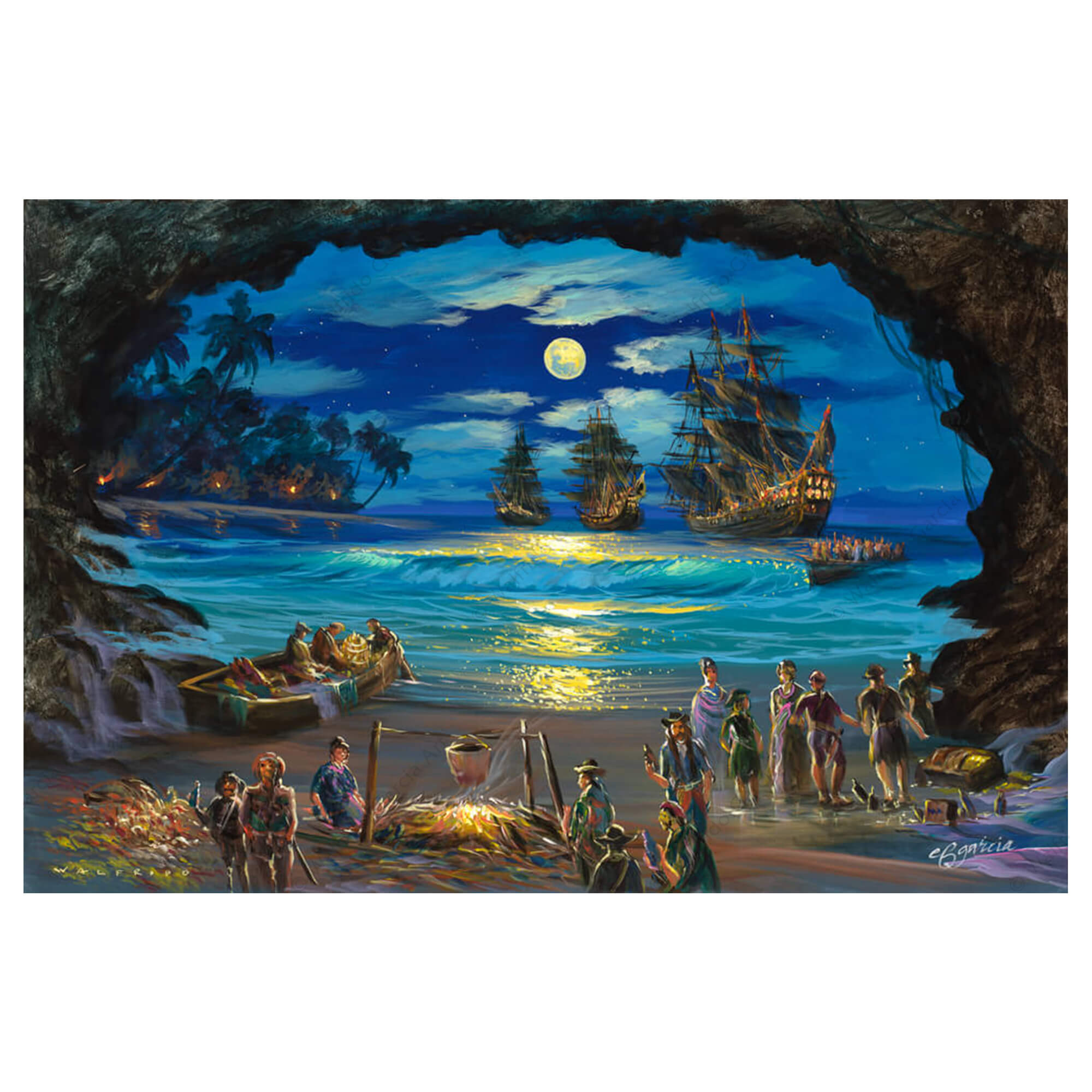 A matted art print featuring a cave framing merchants and vintage ships coming to the shores of Hawaii at night by Hawaii artist Walfrido Garcia